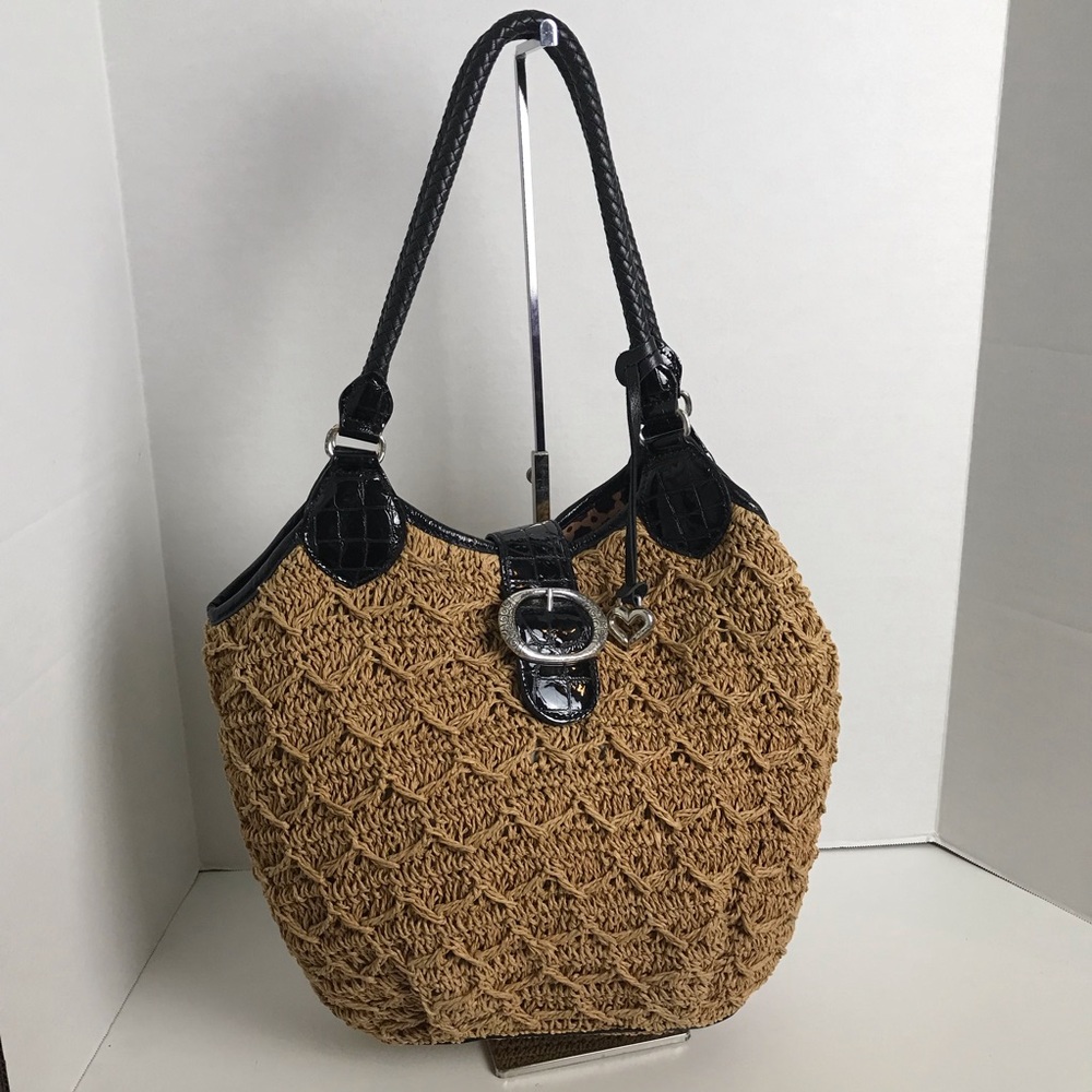 Brighton Brown Woven Straw Leather Braided Straps Large Hobo Bag Boho Coastal